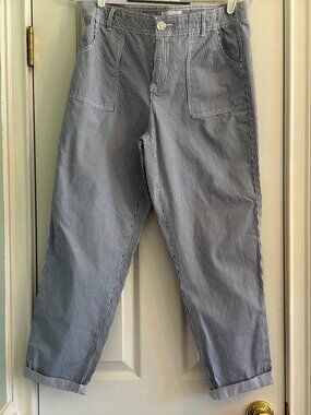 Liz Claiborne Classic Blue White Striped Belted Crop High Waist Pants Sz 6 NWOT